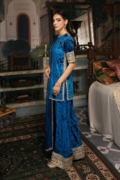 Atharva Heritage Rich Blue Pure Silk Velvet Zardozi Suit with Loose Plazo & Mukesh Kandhani Dupatta SVBMKZ1667