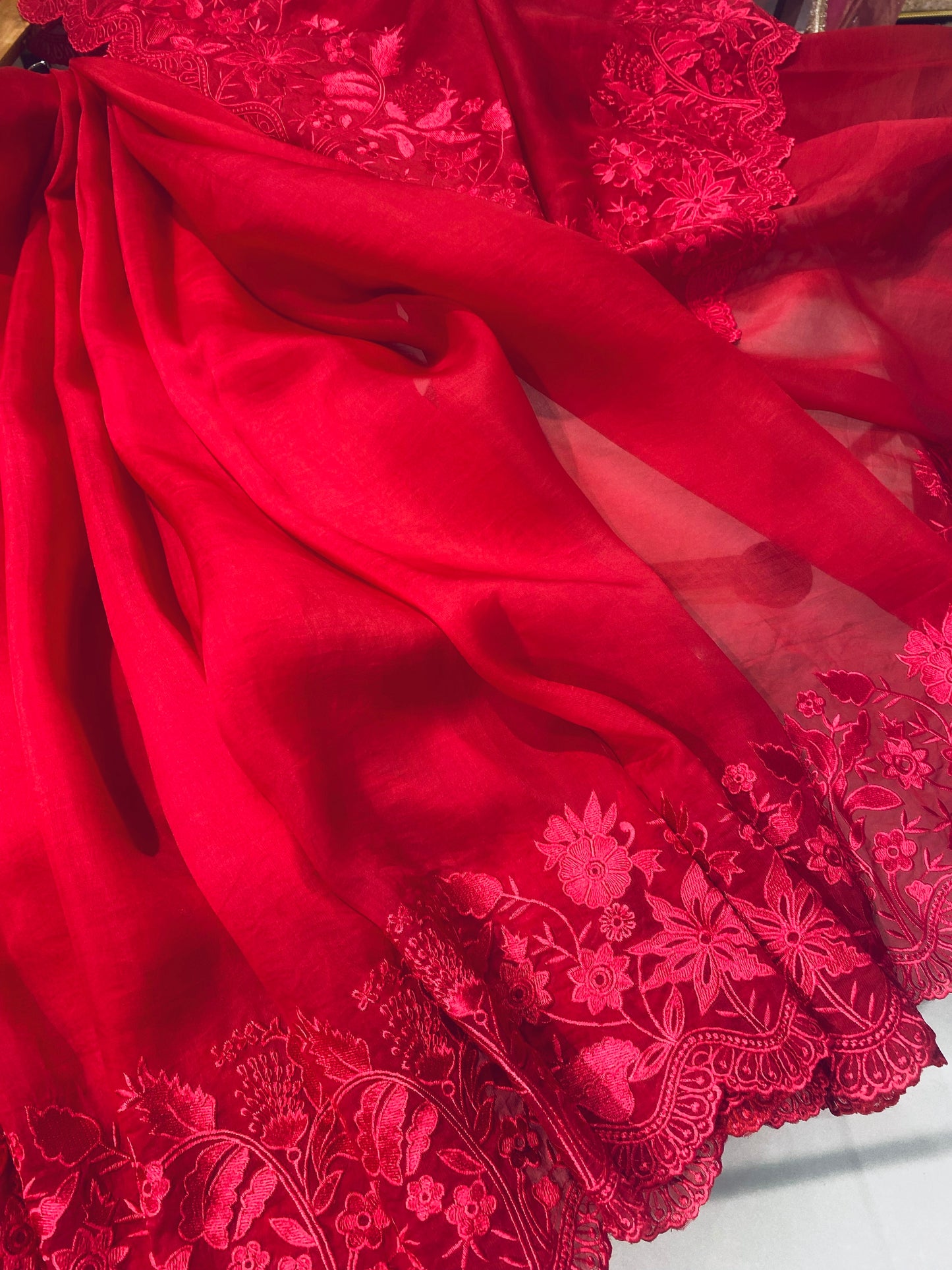 Atharva Heritage Red Kerwachauth Saree in Pure Silk Organza with French Thread Monochrome Embroidery