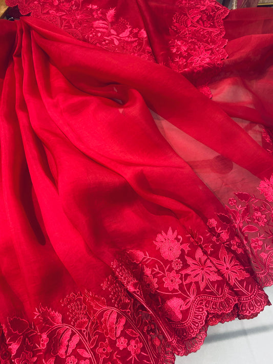 Atharva Heritage Red Kerwachauth Saree in Pure Silk Organza with French Thread Monochrome Embroidery