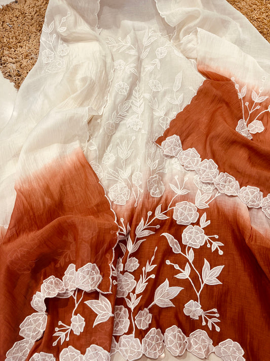 ATHARVA Hand Applique /Cutwork  Embroidery Salwar Kameez/pure Chanderi Silk Shirt & Dupatta/Santoon Bottom/Custom Stitch Unstitch/Plazo/Pant/ CUT8068 Ivory And Water Gold