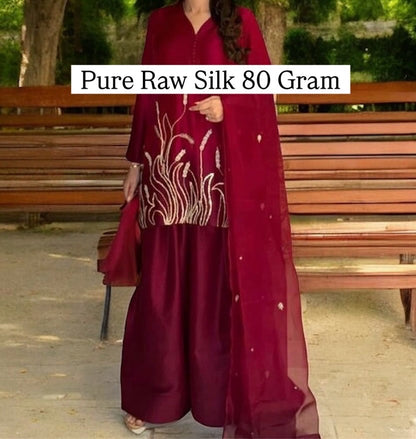 Atharva Heritage Pure Raw Silk Kurta Set with Satin Silk Farshi Salwar & Organza Dupatta – Hand Embroidered PRFS0056