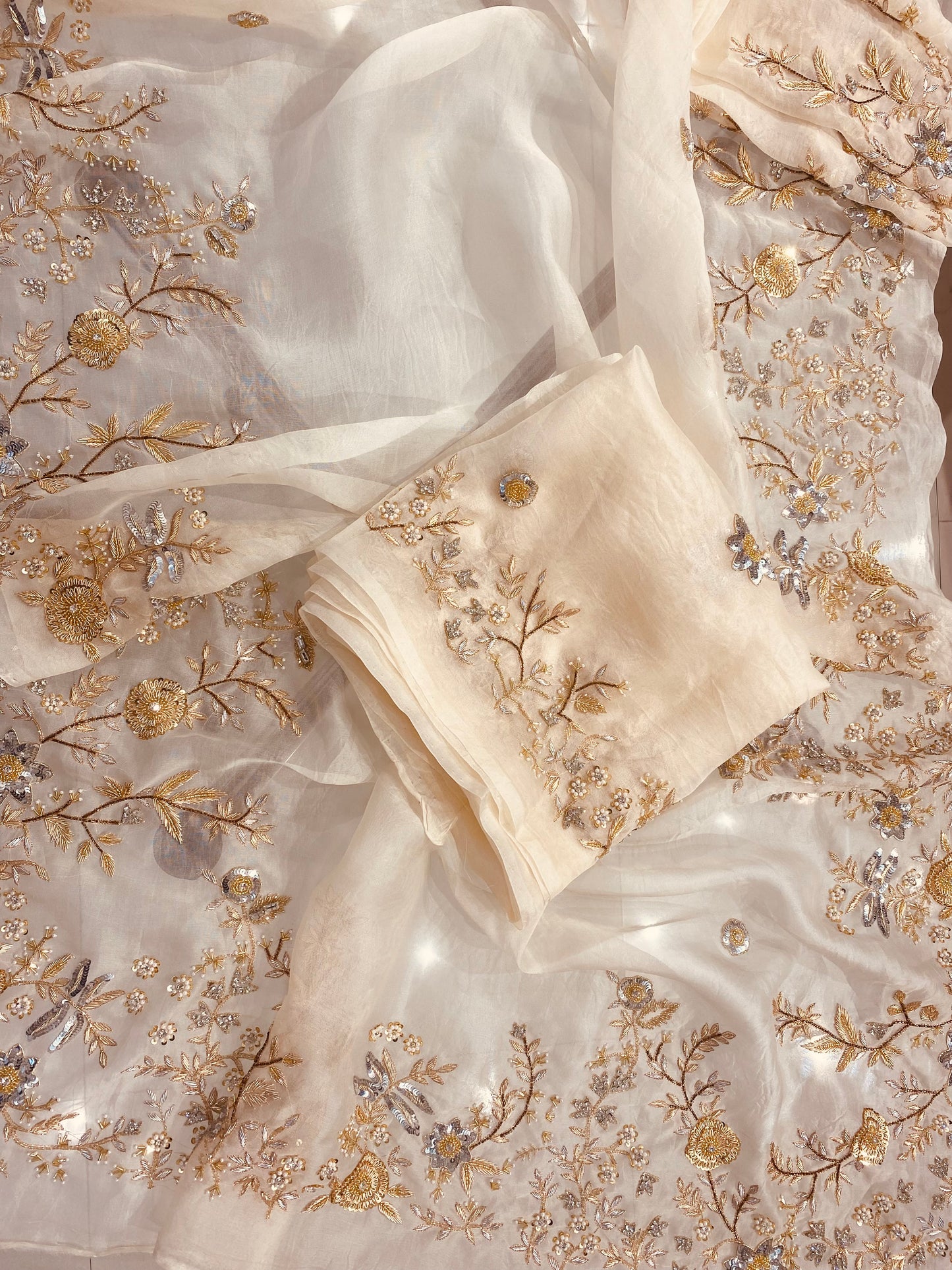 Atharva Heritage Ivory Pure Silk Organza Saree – Trousseau Collection | 400+ Hours Hand-Embroidered Luxury RLS178