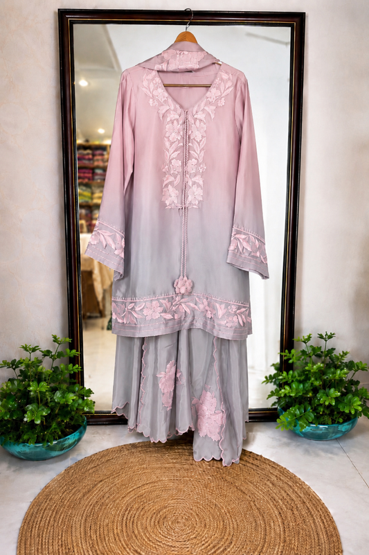 Atharva Heritage Pure Satin Silk Ombre Grey N Pink Farsi Salwar Set with Organza Dupatta AH18133191