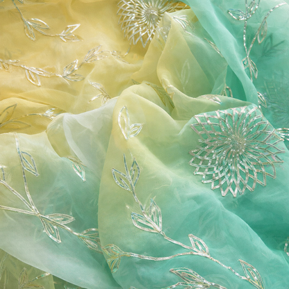Atharva Heritage "Ombré Elegance in every stitch: Embrace the timeless beauty of Pure Georgette 80 Grams  Gota suit paired with a delicate Pure Silk Organza  Gota Embroidered Dupatta." GE0056 Purple Mint and Yellow