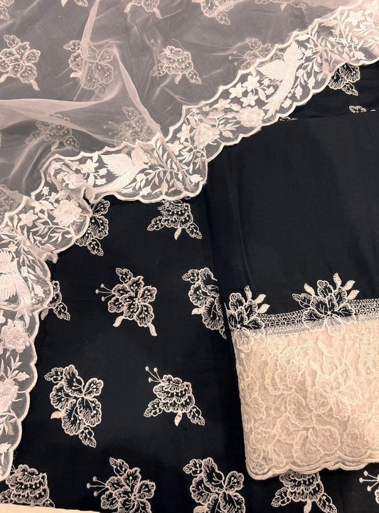 Atharva Heritage Pure Chanderi Silk 70 Gram with Pure Silk Organza Parsi Gara Suit  CHP002 Black and White