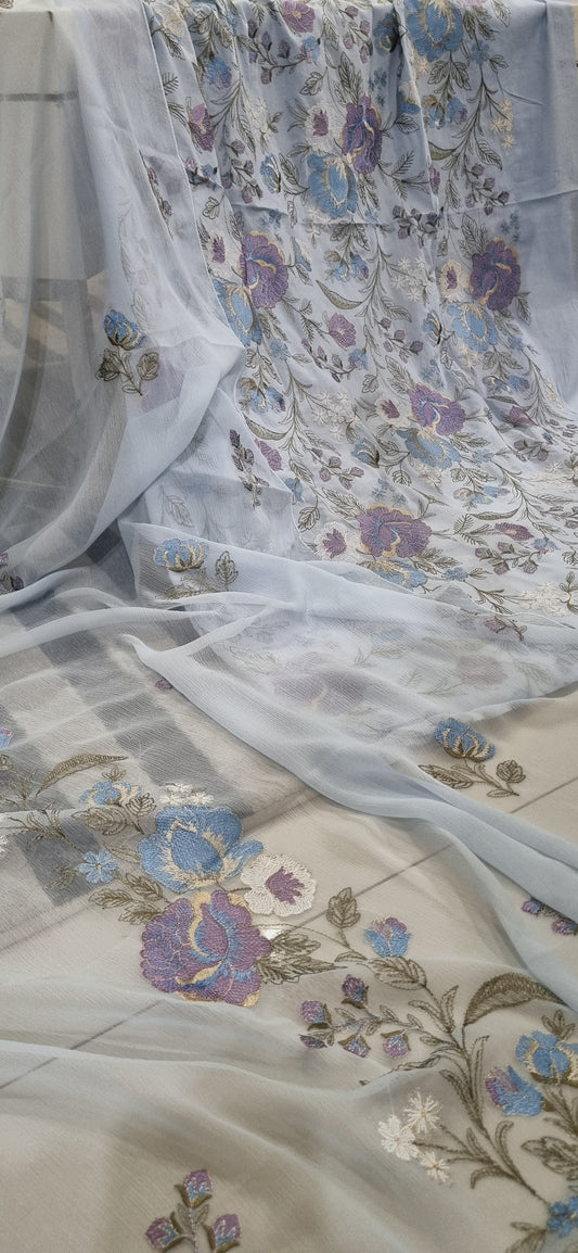 Pure Mul Chanderi Kurta/Pure Chiffon Dupatta / French Thread Embroidered SUIT  CHO00162 Grey