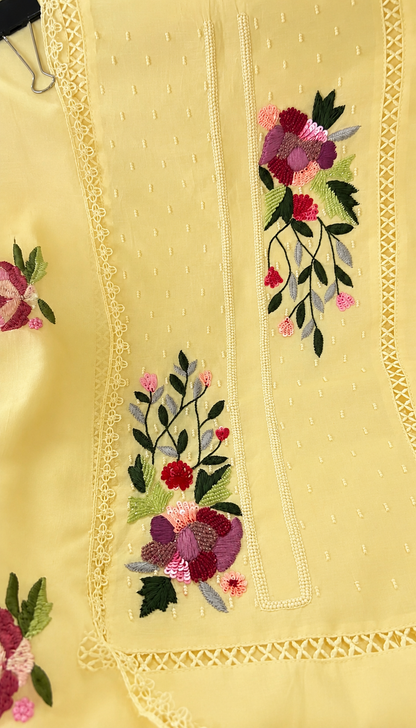 Atharva Heritage Butter Yelllow Hand-Embroidered Pure Chanderi Silk Pakistani Suit with Organza Dupatta & Cross-Stitch Detailing CHO0010
