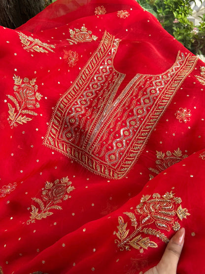 Atharva Heritage Red Noor Organza Silk Chikankari Unstitched Kurta Dupatta Set SL89000646