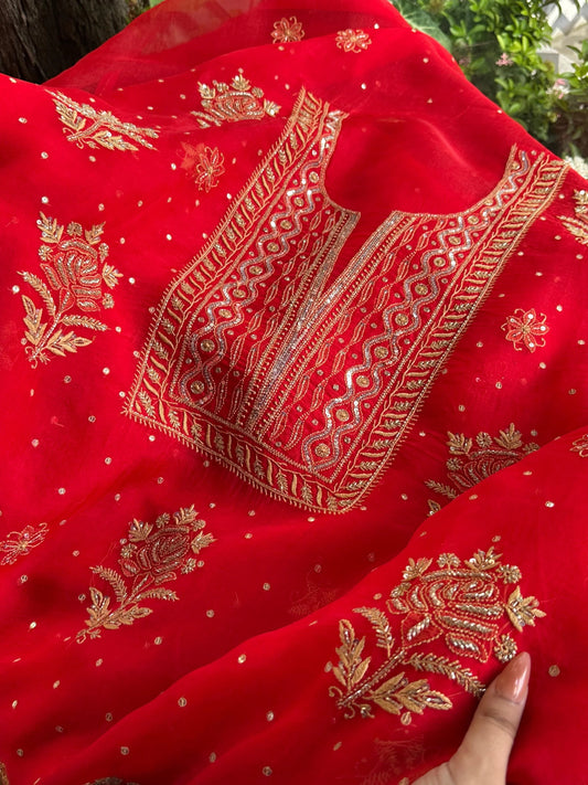Atharva Heritage Red Noor Organza Silk Chikankari Unstitched Kurta Dupatta Set SL89000646