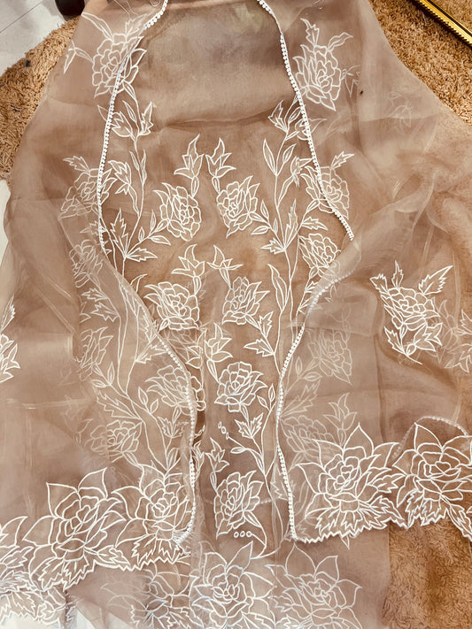 Atharva Heritage SHEER LUXURY PURE SILK ORGANZA APPLIQUE Unstitched SUIT SHEER001(Brown)