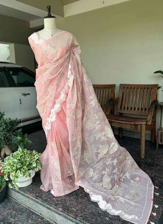 Atharva Heritage Sheer Luxury Pure Silk Organza Hand Applique With Pure Crush Tissue Saree SLHACT176