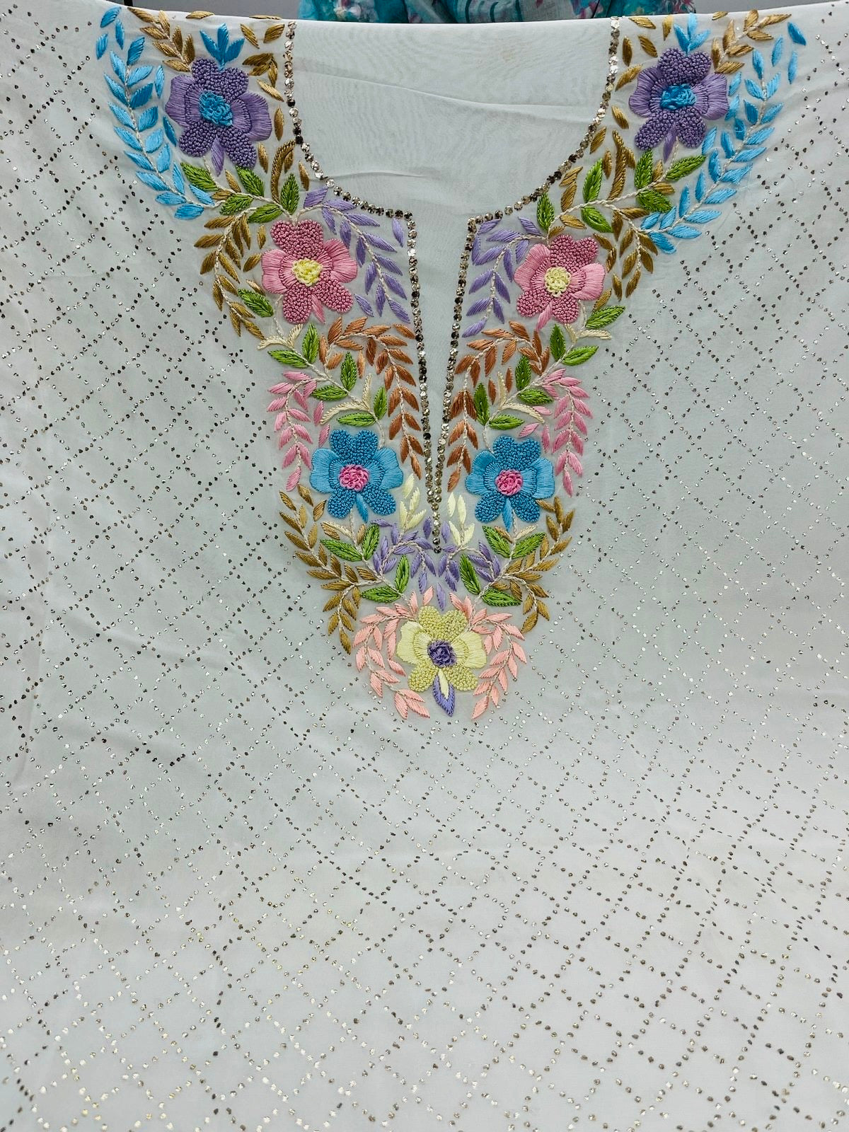 Ivory Hand  Mukaish Kamdani Hand Parsi Gara Neckline Suit CHG0071