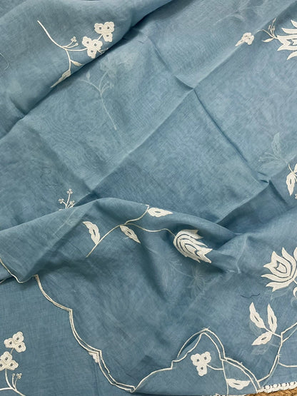 Atharva Heritage/Pure Mul Chanderi Shirt & Dupatta/ Hand Applique /Cotton Silk  Bottom/CUT80375 English Blue