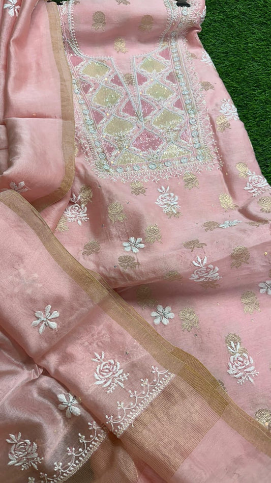 Pure Banarasi Chanderi Silk Suit /Premium Hand Embroidered  Lucknowi Chikankari  Collection BCH001
