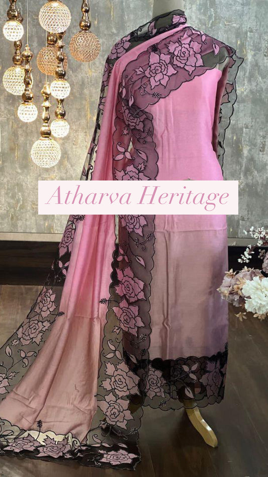 ATHARVA Applique Embroidery Salwar Kameez/Chanderi Cut-Work Shirt & Dupatta/Santoon Bottom/Custom Stitch Unstitch/Plazo/Pant/CUT8114