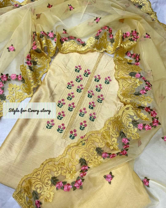 Atharva Heritage PURE CHANDERI SILK 70 Grams Kurta AND Pure Silk ORGANZA Dupatta EDITS CHO0020 Yellow
