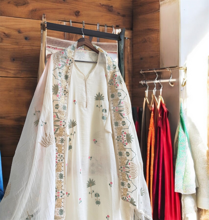 Atharva Frech Thread Pichwai motifs  Embroidered Pure Mul Chanderi Hand woven  edits MC70015  Ivory