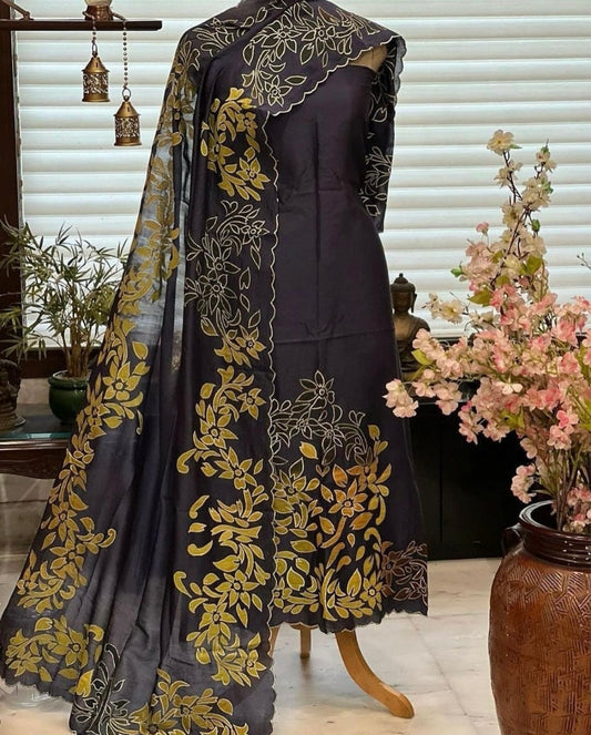 ATHARVA Applique Embroidery Salwar Kameez/Chanderi Cut-Work Shirt & Dupatta/Santoon Bottom/Custom Stitch Unstitch/Plazo/Pant/CUT8119(A)