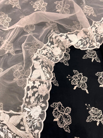 Atharva Heritage Pure Chanderi Silk 70 Gram with Pure Silk Organza Parsi Gara Suit  CHP002 Black and White