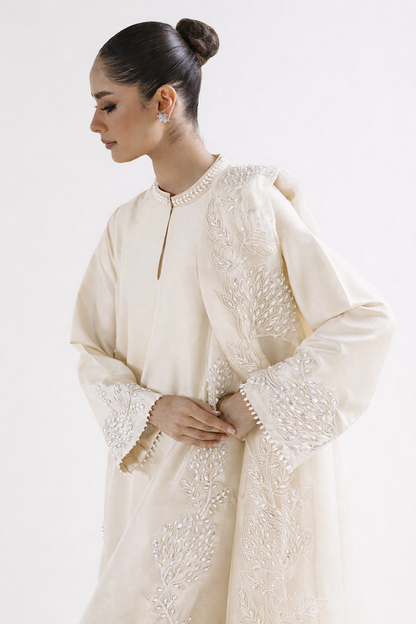Atharva Heritage Sheer Luxury Pure Silk Ready to Wear Pakistani Suit SLP0012 Ivory