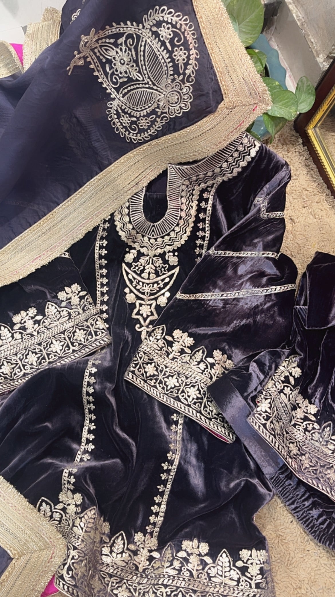 Atharva Heritage Pure Silk Velvet Violet Color Pakistani Co-ord Set with All-Over Pita Embroidery & Organza Dupatta AH181331345