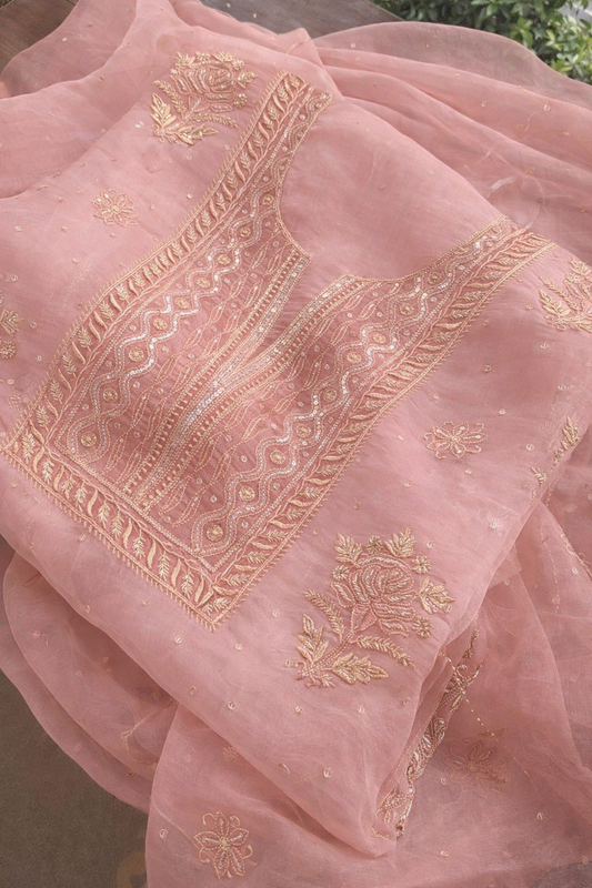 Atharva Heritage Powder Pink Noor Organza Silk Chikankari Unstitched Kurta Dupatta Set SL89000646