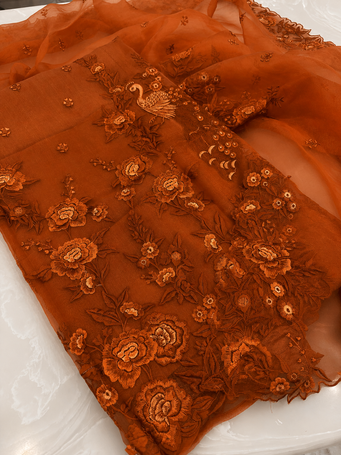 Atharva Heritage Sheer Luxury Pure Silk Organza Parsi Embroidered Monochrome Trousseau Collection unstitched Suit AH1867