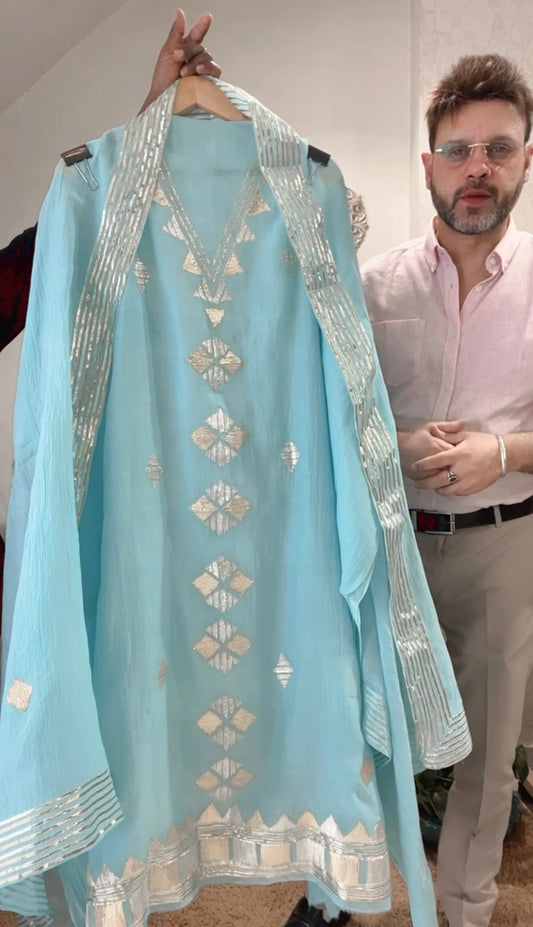 Atharva Hand Gota Embroidered Pure Mul Chanderi Hand woven  edits MC7001 Blue