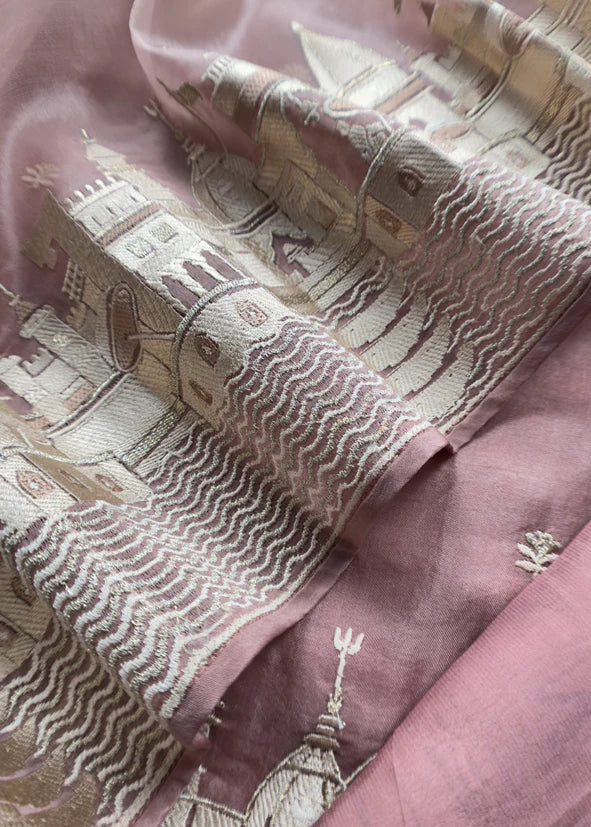 Atharva Heritage Premium Organza Silk Suit Fabric with Kashi Ghat Embroidery SOKG156