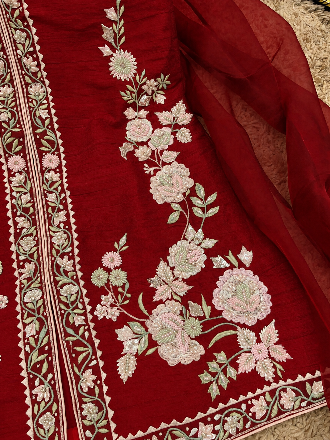 Atharva Heritage Deep Red Pure Raw Silk 100g Hand-Embroidered Jacket Style Farshi Salwar Set FSBRS51
