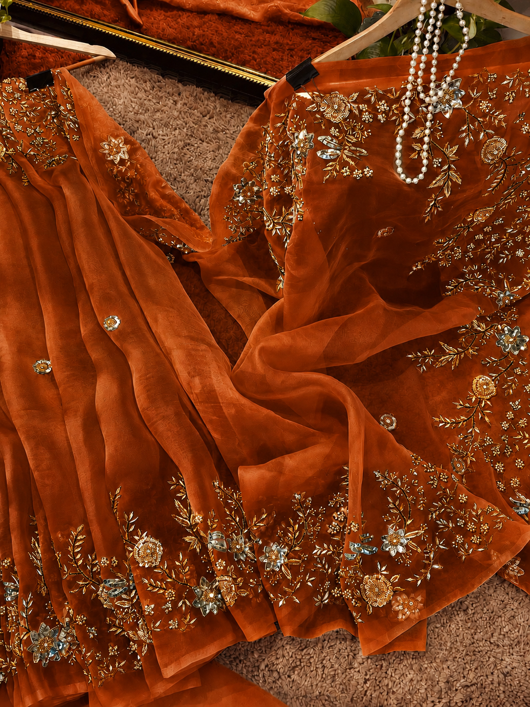 Atharva Heritage Burnt Orange Pure Silk Organza Saree – Trousseau Collection | 400+ Hours Hand-Embroidered Luxury RLS178