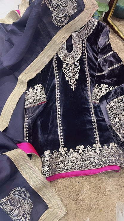 Atharva Heritage Pure Silk Velvet Violet Color Pakistani Co-ord Set with All-Over Pita Embroidery & Organza Dupatta AH181331345