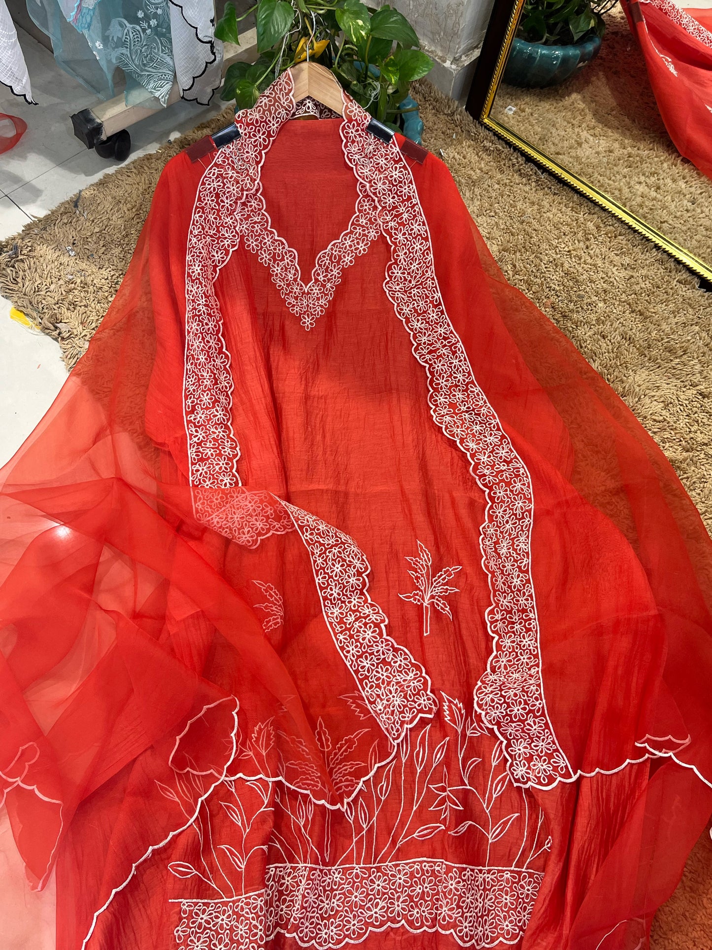 PURE MUL CHANDERI  AND Pure Silk ORGANZA EDITS CHO00156BR  Brick Red