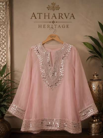 Atharva Heritage Luxury Pure Silk Organza Mirror Work Co-Ord Set | Hand Embroidered Yoke & Bell Sleeves | Premium Palazzo | Atharva Heritage AH1813CS132