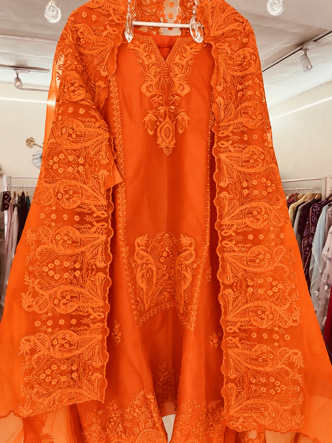 Atharva Heritage Pure Silk Organza Burnt Orange French Thread Monochrome Embroidered unstitched Front and Back  Pakistani Suit SLP001