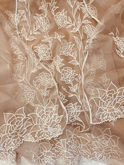 Atharva Heritage SHEER LUXURY PURE SILK ORGANZA APPLIQUE Unstitched SUIT SHEER001(Brown)