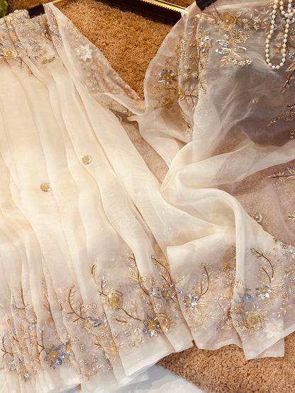Atharva Heritage Ivory Pure Silk Organza Saree – Trousseau Collection | 400+ Hours Hand-Embroidered Luxury RLS178