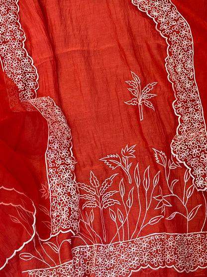 PURE MUL CHANDERI  AND Pure Silk ORGANZA EDITS CHO00156BR  Brick Red
