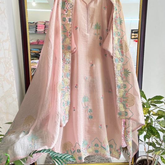 Atharva Frech Thread Pichwai motifs  Embroidered Pure Mul Chanderi Hand woven  edits MC70015P Pink