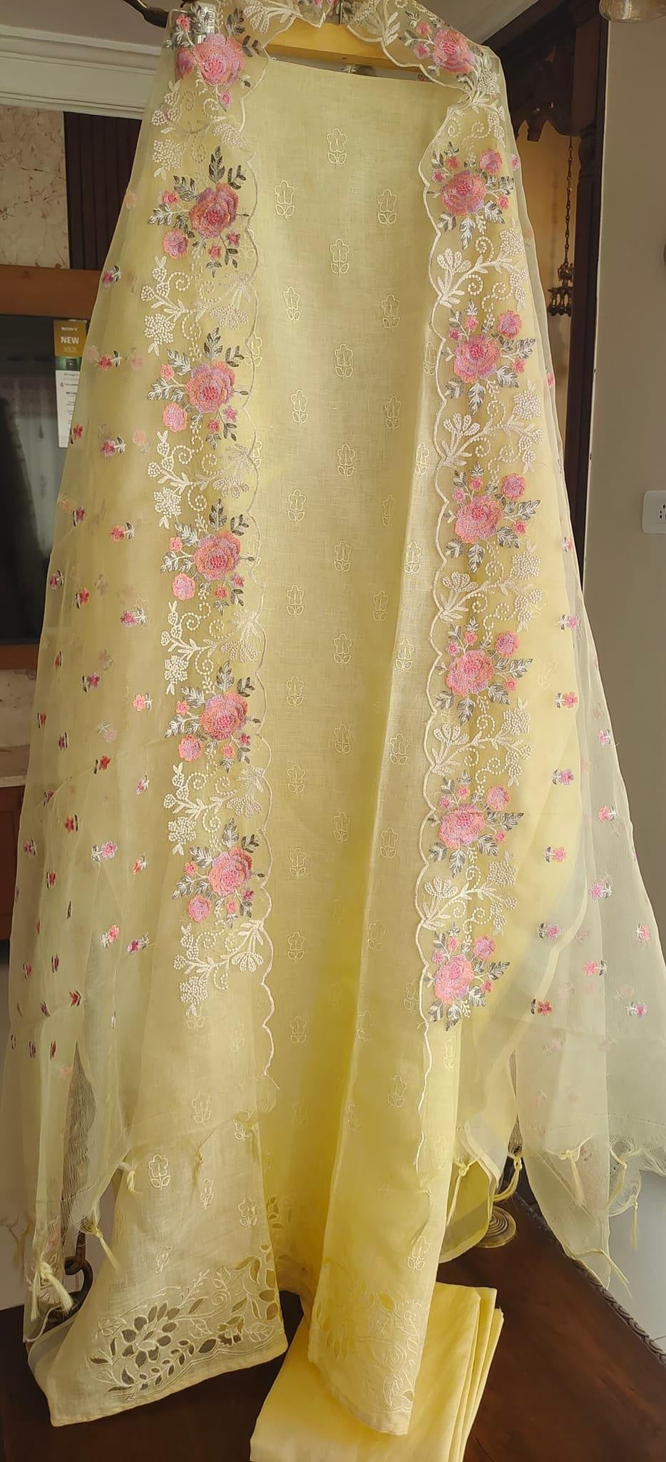 PURE CHANDERI SILK AND ORGANZA EDITS LC1701YELLOW