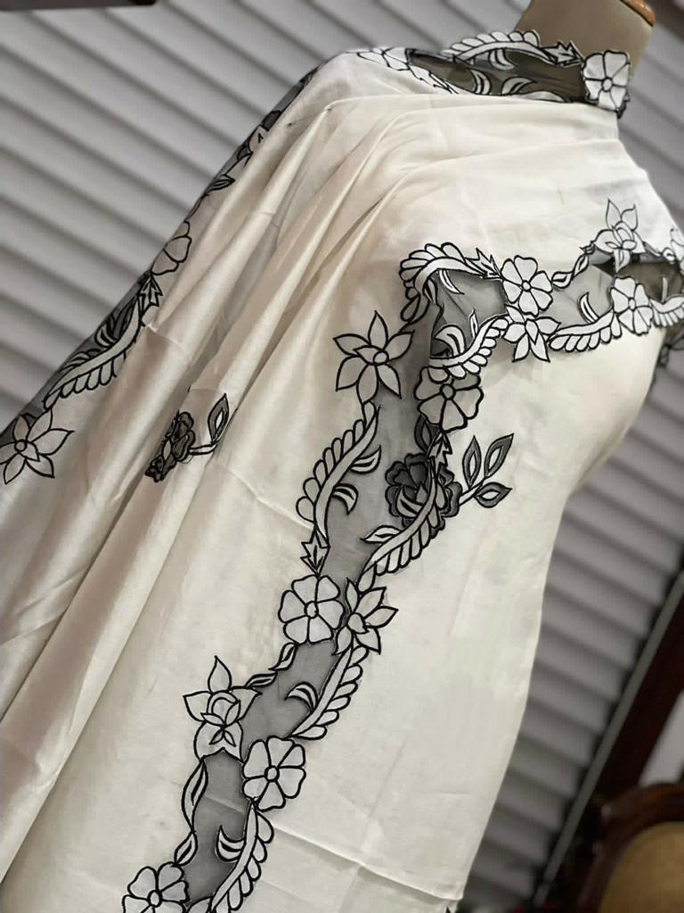ATHARVA Hand Applique /Cutwork  Embroidery Salwar Kameez/pure Chanderi Silk Shirt & Dupatta/Santoon Bottom/Custom Stitch Unstitch/Plazo/Pant/ CUT8067 White and Black