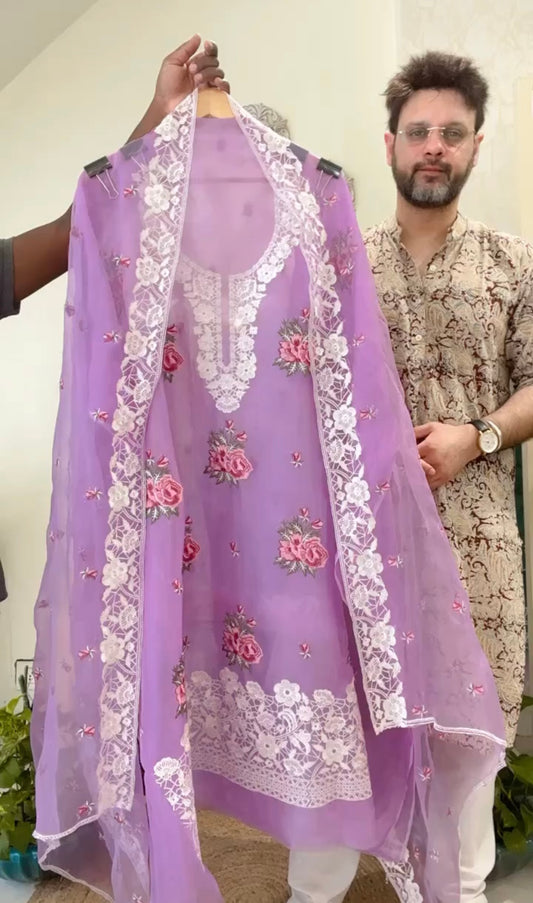 SHEER LUXURY Pure Silk Organza French Thread with Pardi Gara Embroidery SUIT SHEER008  Labender Color