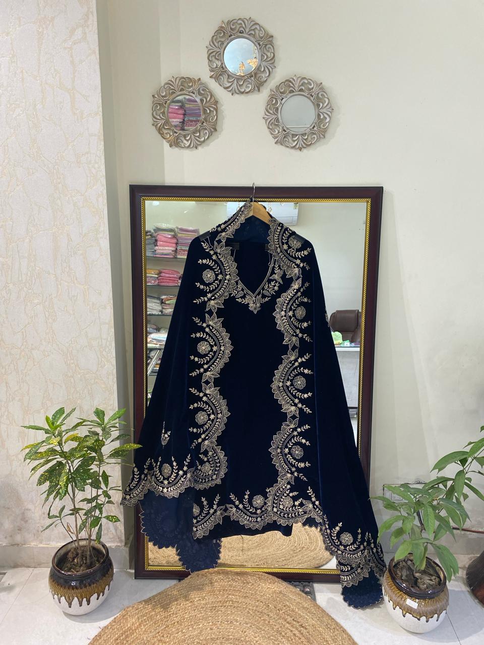 Atharva Heritage Royal Blue Silk Velvet Suit Set with Pita Tilla Embroidery | Unstitched Luxury Maharani Ensemble