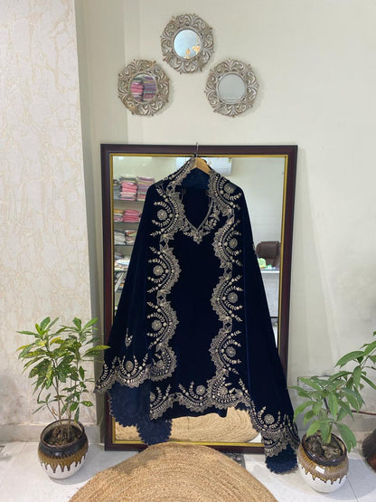 Atharva Heritage Royal Blue Silk Velvet Suit Set with Pita Tilla Embroidery | Unstitched Luxury Maharani Ensemble