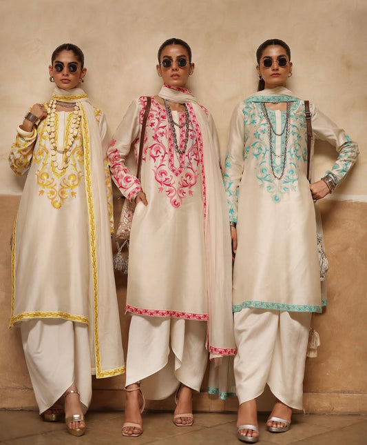 Atharva Heritage Pure Raw Silk Kashmiri Embroidery Ensemble with Organza Dupatta & Crepe Silk Dhoti PRK0071