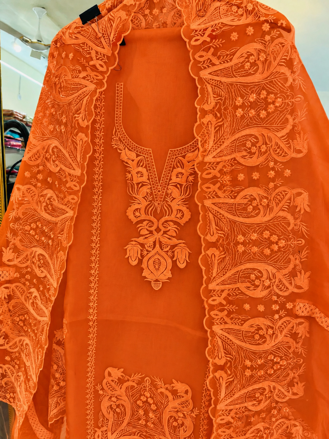 Atharva Heritage Pure Silk Organza Burnt Orange French Thread Monochrome Embroidered unstitched Front and Back  Pakistani Suit SLP001