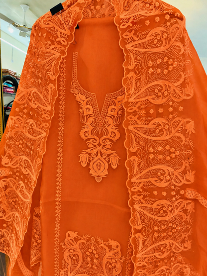 Atharva Heritage Pure Silk Organza Burnt Orange French Thread Monochrome Embroidered unstitched Front and Back  Pakistani Suit SLP001