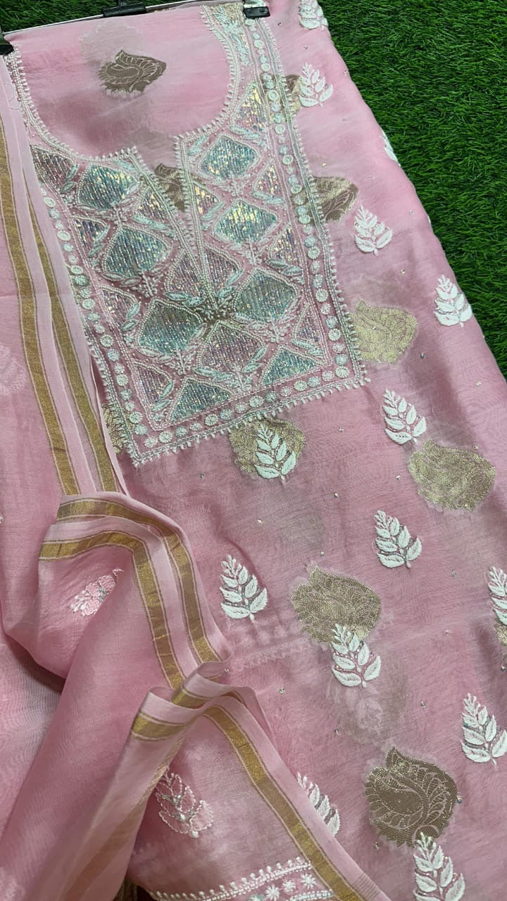 Pure Banarasi Chanderi Silk Suit /Premium Hand Embroidered  Lucknowi Chikankari  Collection BCH001