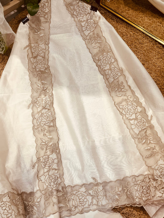 ATHARVA Hand Applique /Cutwork  Embroidery Salwar Kameez/pure Chanderi Silk Shirt & Dupatta/Santoon Bottom/Custom Stitch Unstitch/Plazo/Pant/ CUT8068 Ivory And Water Gold