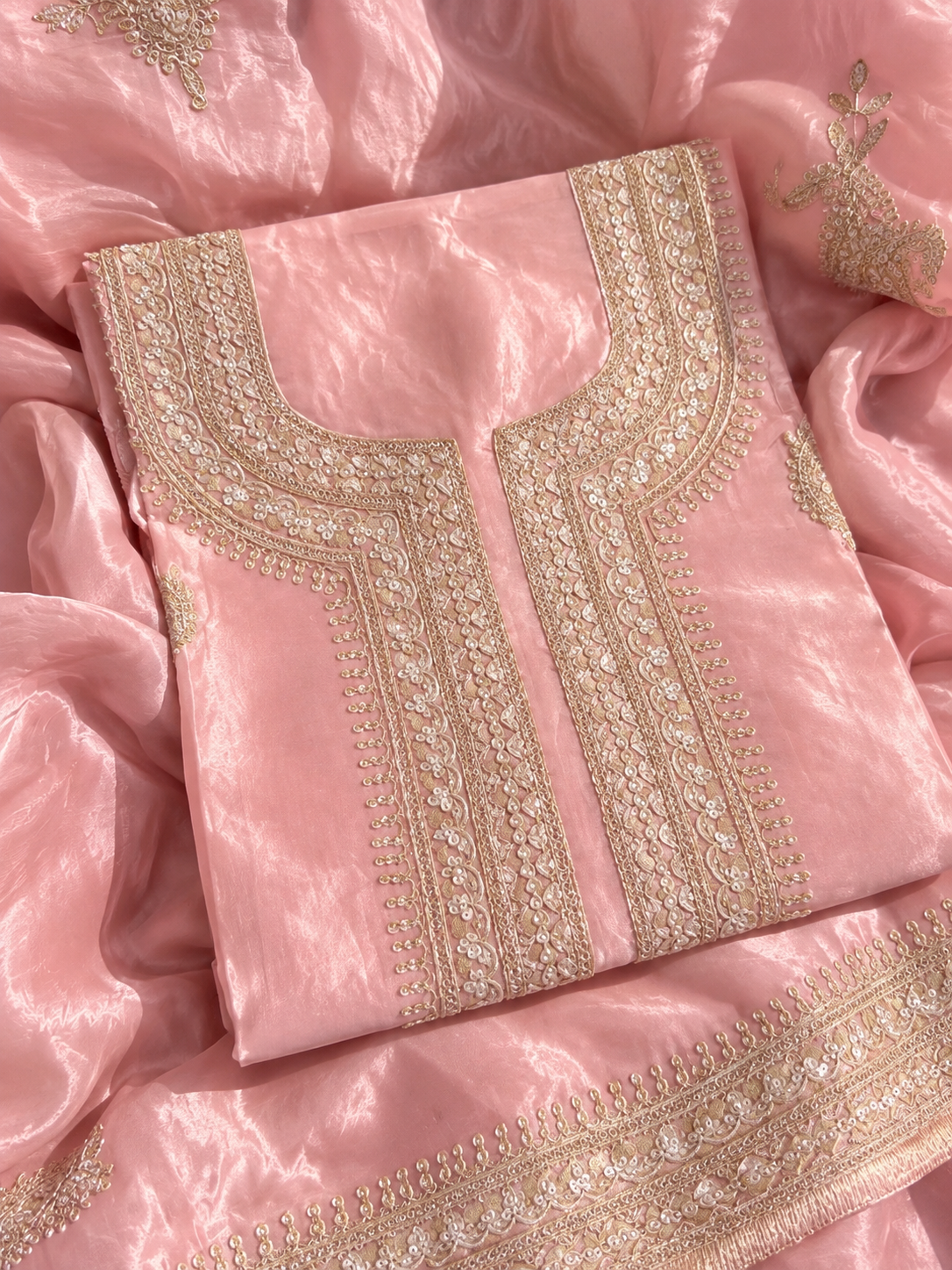 Atharva Heritage MAHARANI LUXURY Hand Woven TISSUE SILK 80 Grams SUIT with Rose Gold Dori Embroidery AHMTC002 Powder Pink